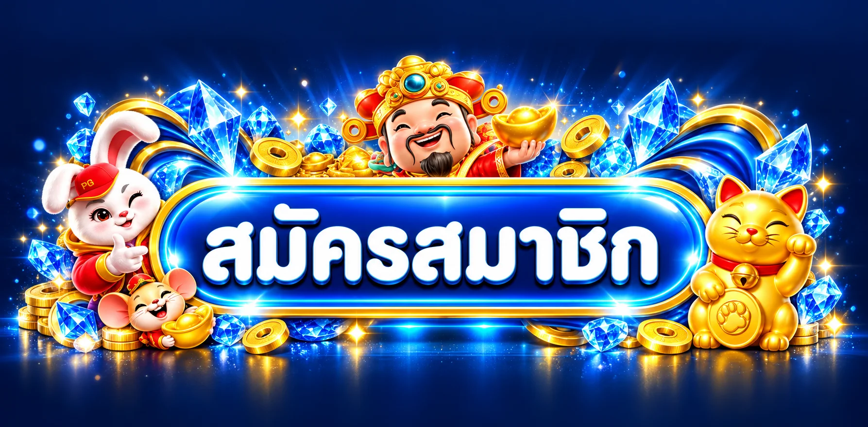 ปุ่มสมัครสมาชิก BK69 พร้อมมาสคอตสีน้ำเงินทอง